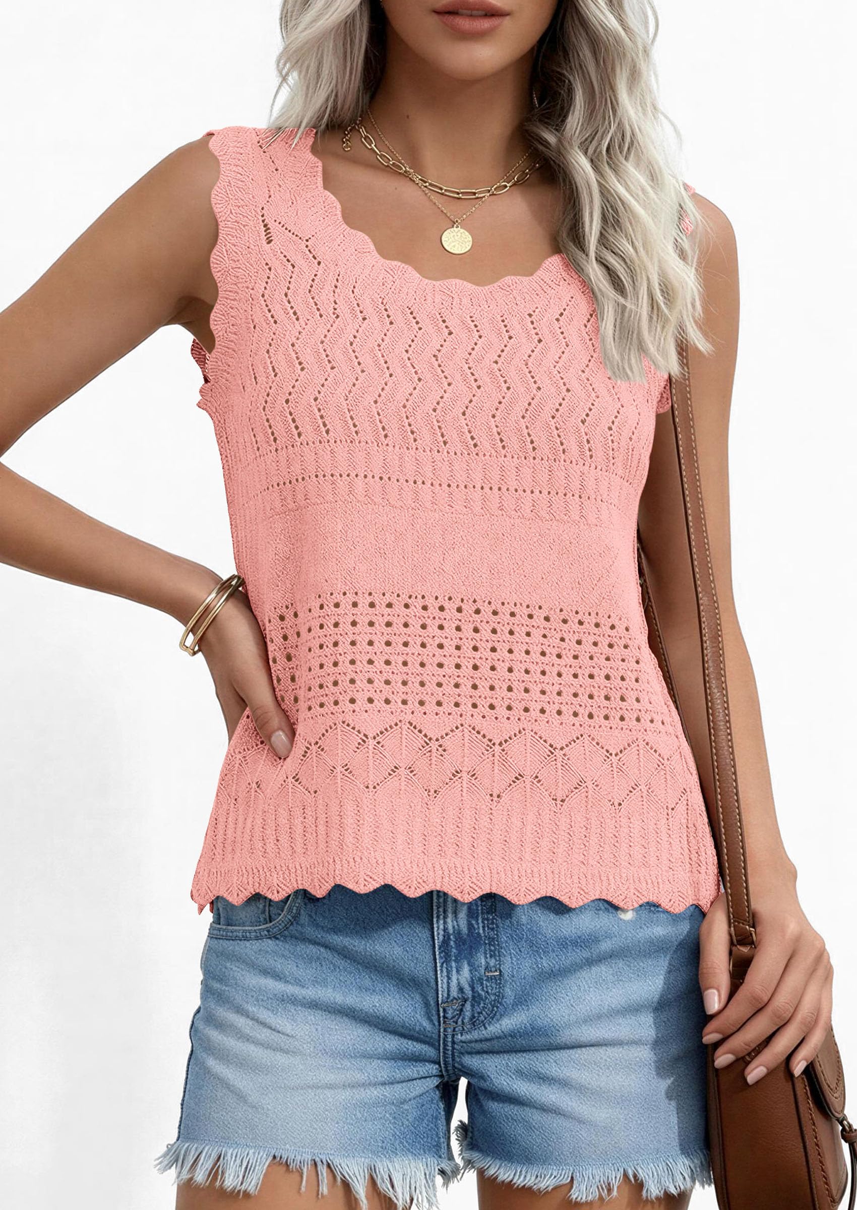 PRETTYGARDEN Womens Crochet Tank Tops Summer Spring Boho Sleeveless Cute Knit Sweater Vest Trendy Beach