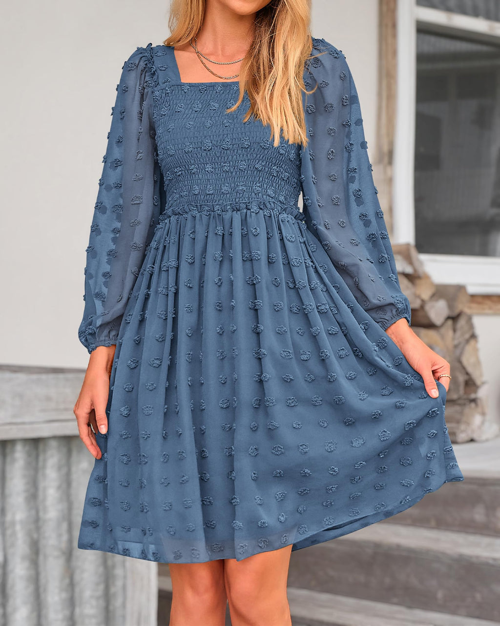 BTFBM Womens Long Sleeve Dress Summer Vacation Square Neck Smocked Floral Mini Boho Spring Wedding Guest Dresses