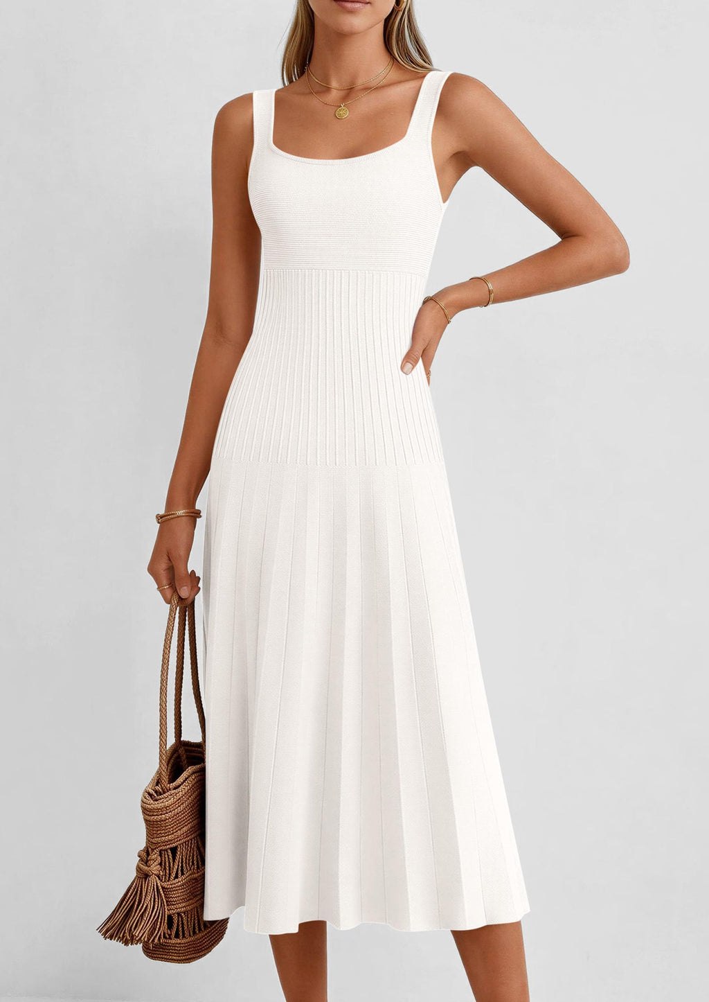 PRETTYGARDEN Spring Dresses for Women Summer Casual Sleeveless Square Neck A Line Knit Pleated Midi Cocktail Party Dress