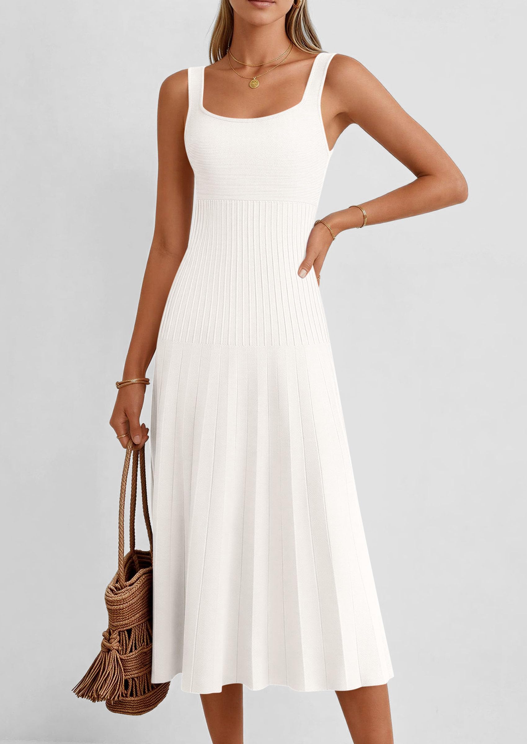 PRETTYGARDEN Spring Dresses for Women Summer Casual Sleeveless Square Neck A Line Knit Pleated Midi Cocktail Party Dress
