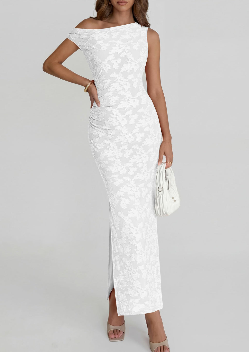PRETTYGARDEN Womens Floral One Shoulder Maxi Dress Summer Spring Bodycon Ruched Side Slit Elegant Cocktail Party Dresses