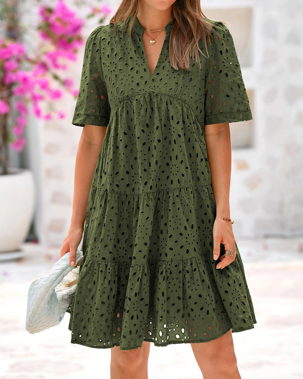 BTFBM Womens Boho Summer Dresses Spring V Neck Short Sleeve Hollow Out Lace Ruffle Casual Beach Mini Vacation Dress