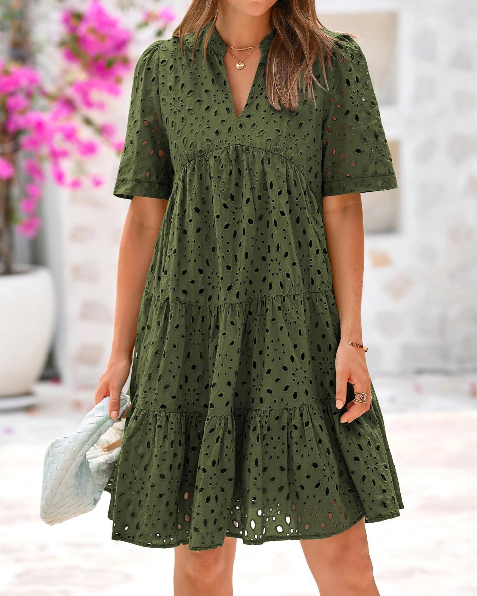 BTFBM Womens Boho Summer Dresses Spring V Neck Short Sleeve Hollow Out Lace Ruffle Casual Beach Mini Vacation Dress