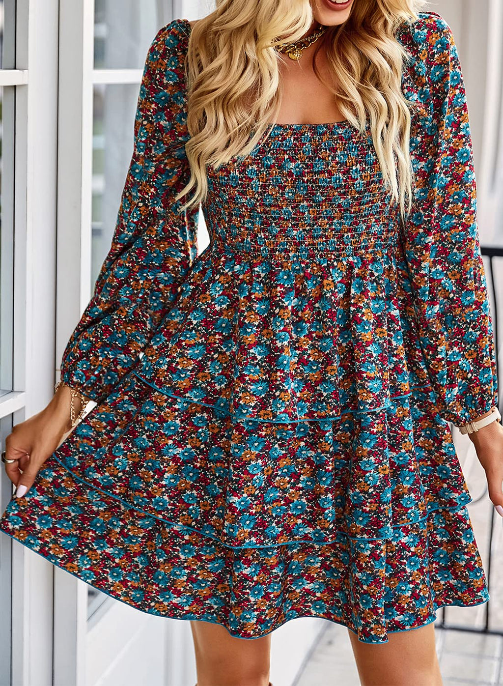 BTFBM Womens Long Sleeve Dress Summer Vacation Square Neck Smocked Floral Mini Boho Spring Wedding Guest Dresses