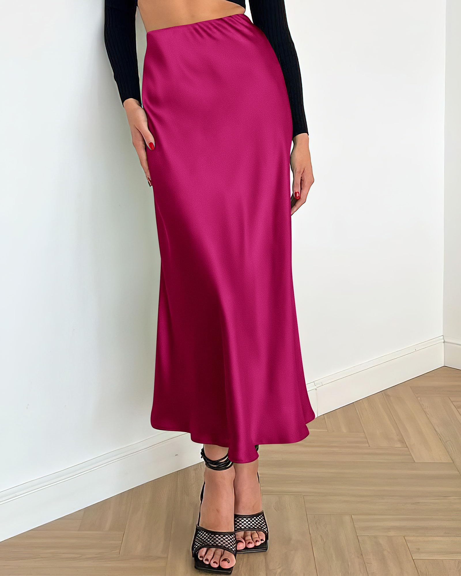 BTFBM Summer Womens Skirts Silk Elegant High Waist Flowy Long Satin A-Line Midi Skirt Cocktail Wedding Party