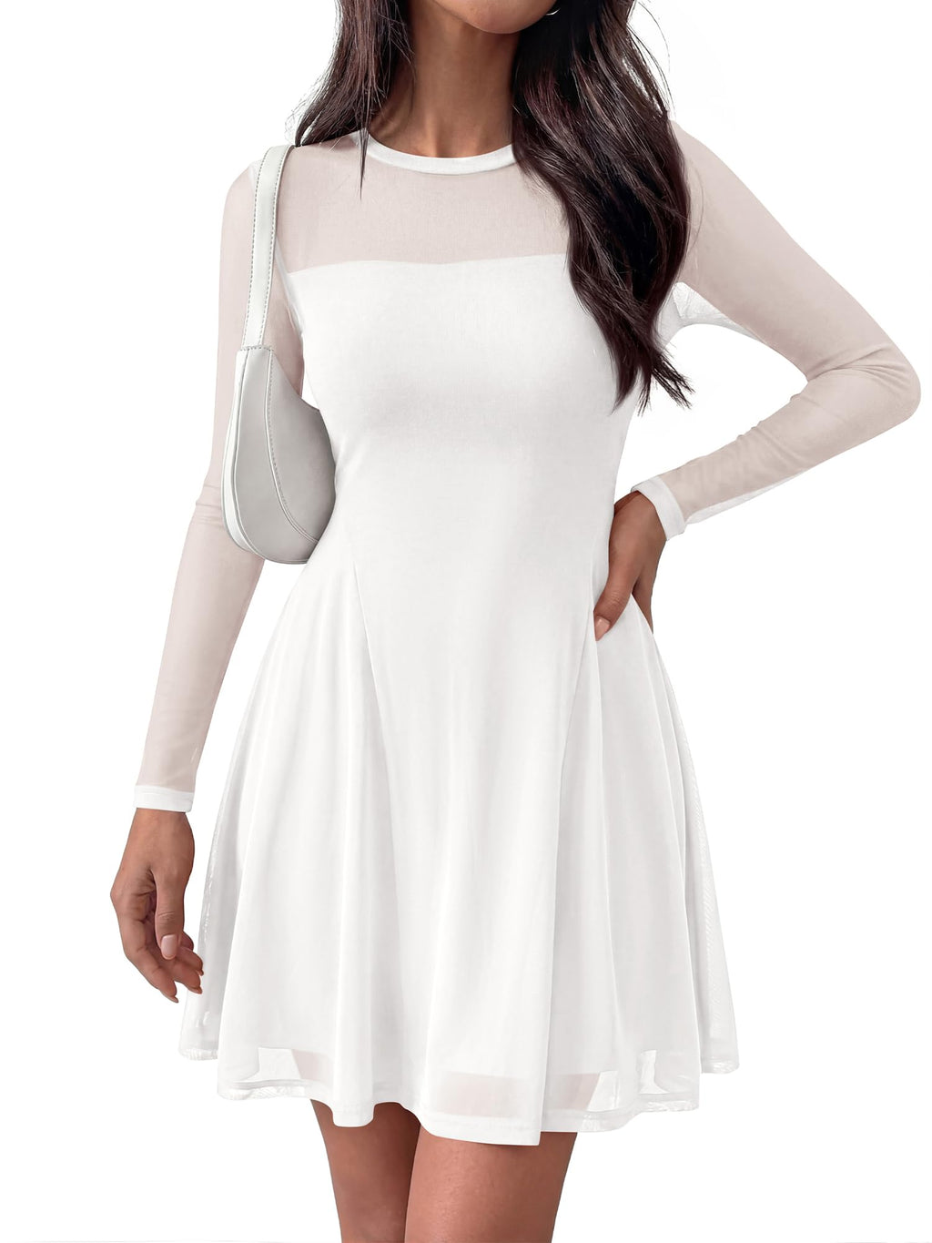 BTFBM Women’s Mini Dress Sheer Mesh Long Sleeve Crew Neck Flowy A Line Casual Cocktail Party Going Out Dresses Fall