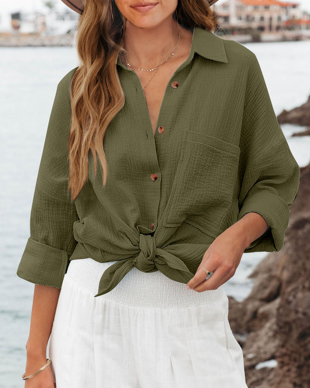 FreshPretty Casual Shirts for Women Long Sleeve Button Down Blouses Fall Solid Color Trendy Tops with Pocket