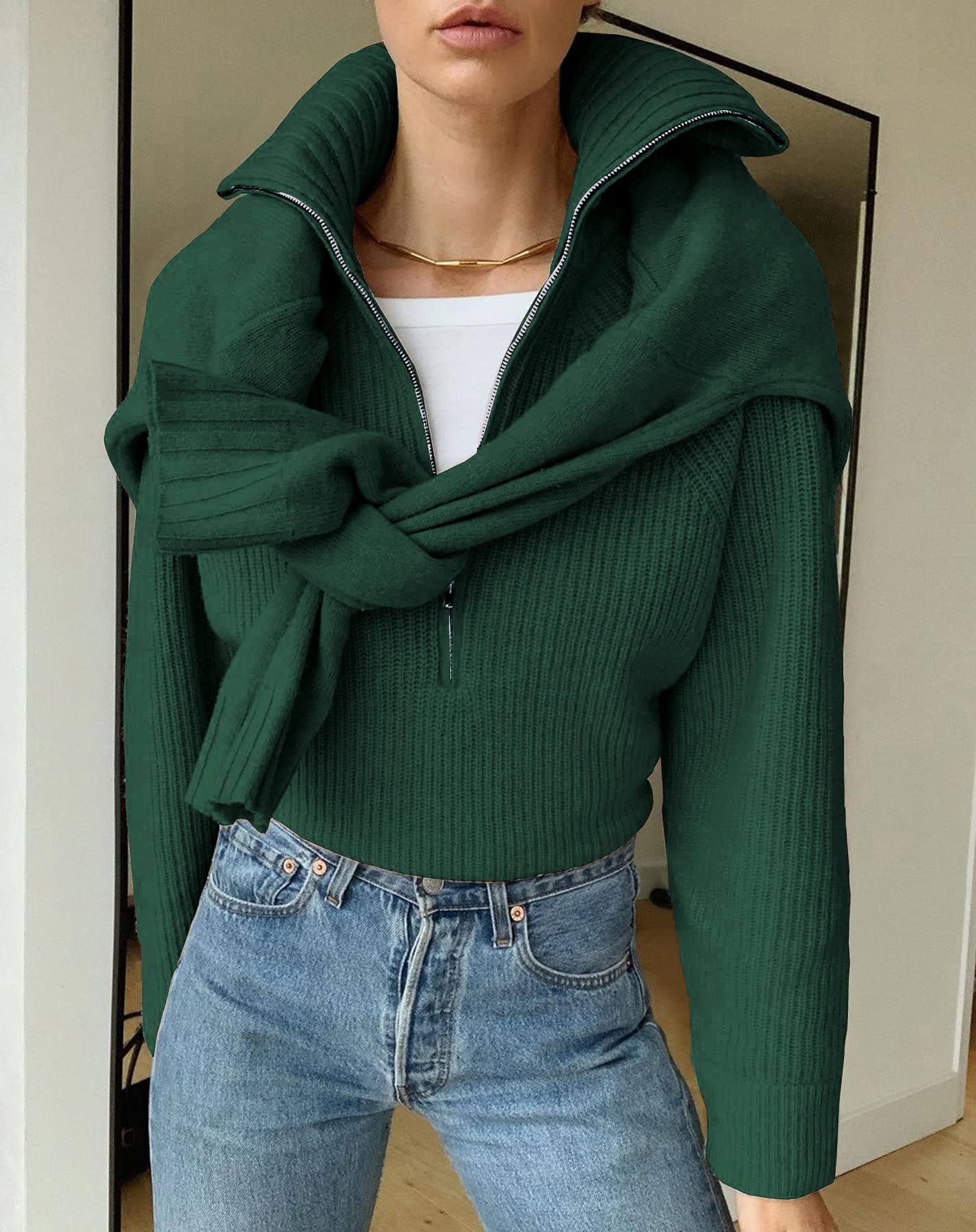 FreshPretty Womens Sweaters Quarter Zip Pullover V Neck Collar Long Sleeve Ribbed Knit Loose Casual Winter Fall Sweater