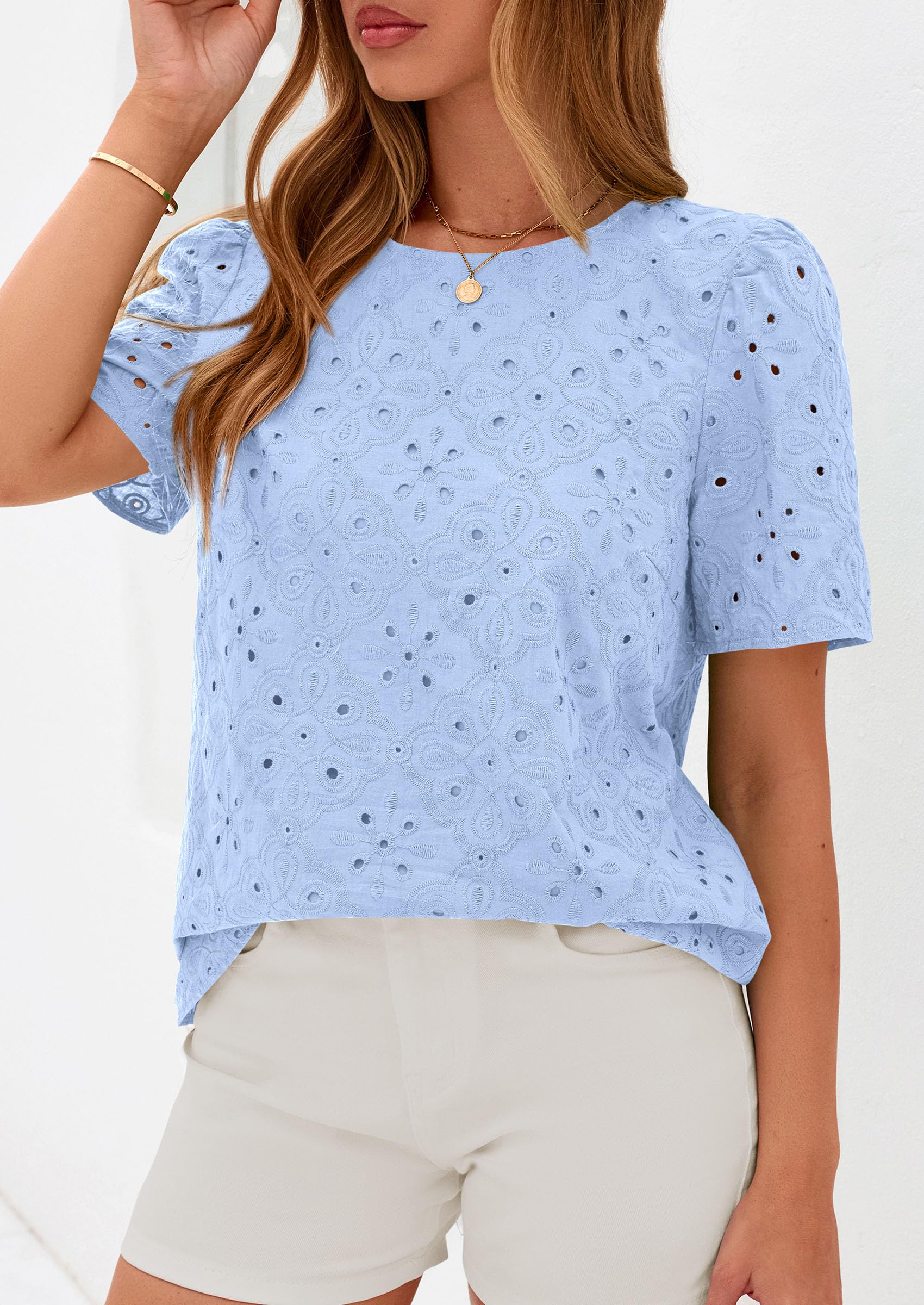 PRETTYGARDEN Women's Puff Short Sleeve Eyelet Shirts Summer Lace Blouses Dressy Casual Work Tops Spring Teacher Clothes