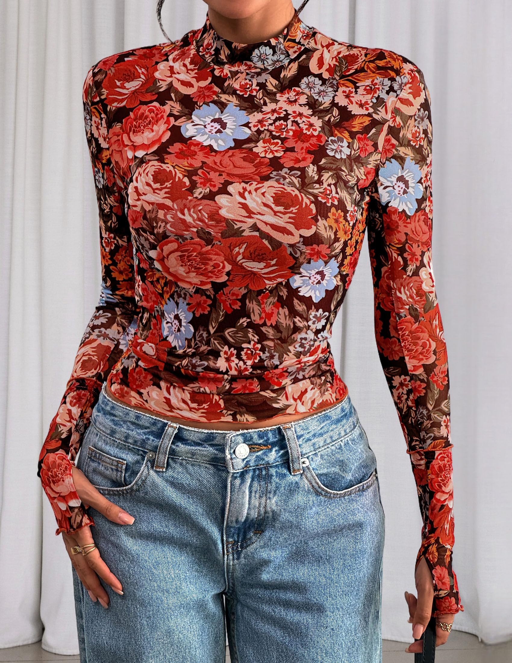 PRETTYGARDEN Womens Fall Mesh Floral Blouses Long Sleeve Going Out Tops Slim Fitted Shirts Date Night Outfits