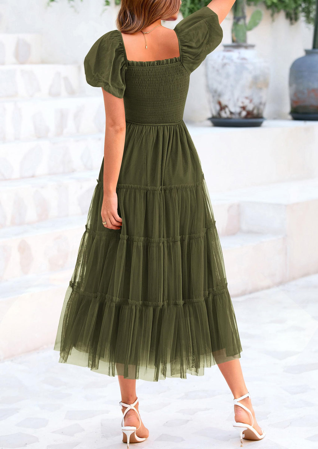 PRETTYGARDEN Women's Smocked Midi Tulle Dress  Summer Puffy Short Sleeve Square Neck Ruffle Wedding Guest Party Dresses