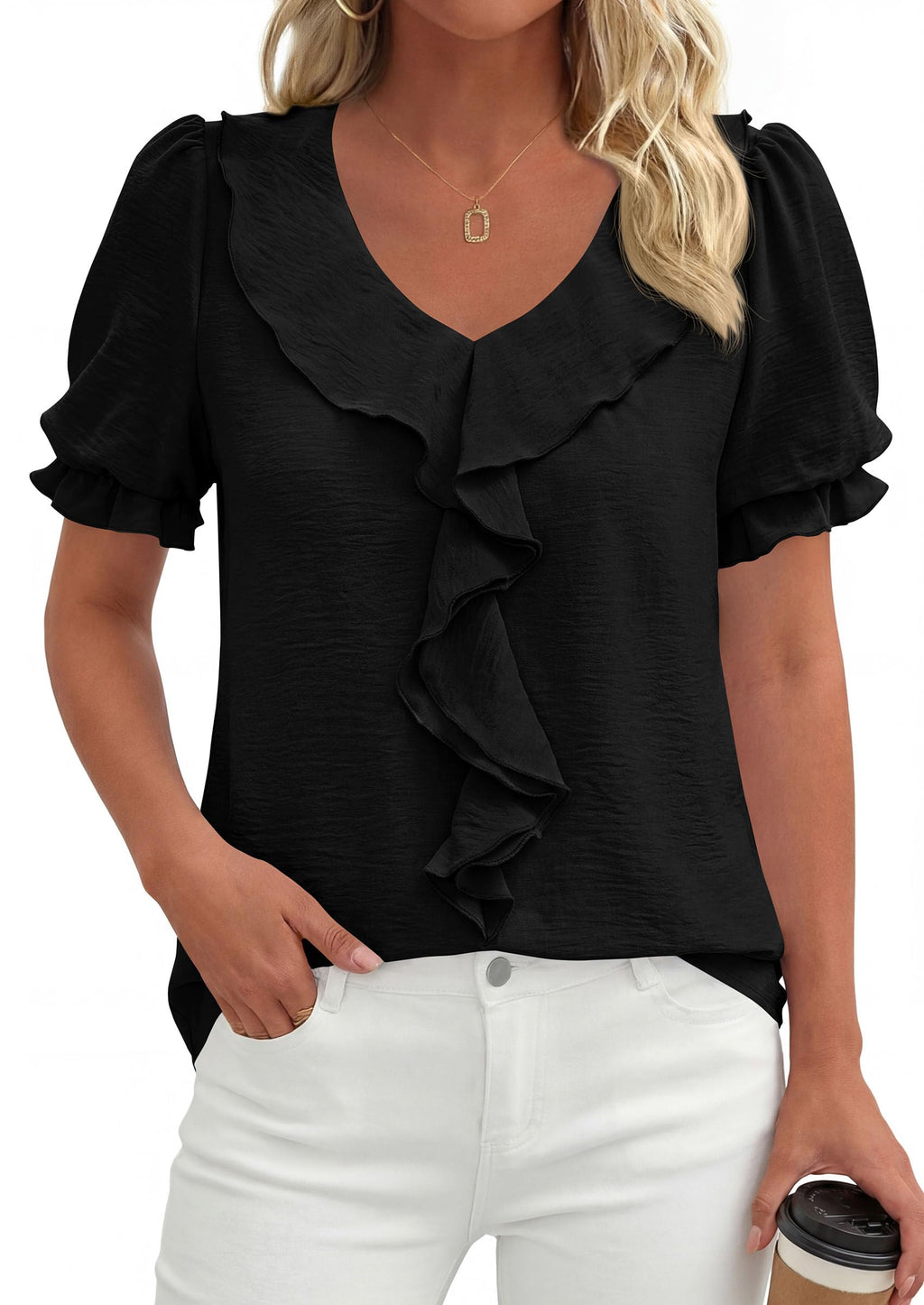 PRETTYGARDEN Women's Summer Dressy Casual Blouses Short Sleeve V Neck Ruffle Business Work Tops Trendy Spring Outfits