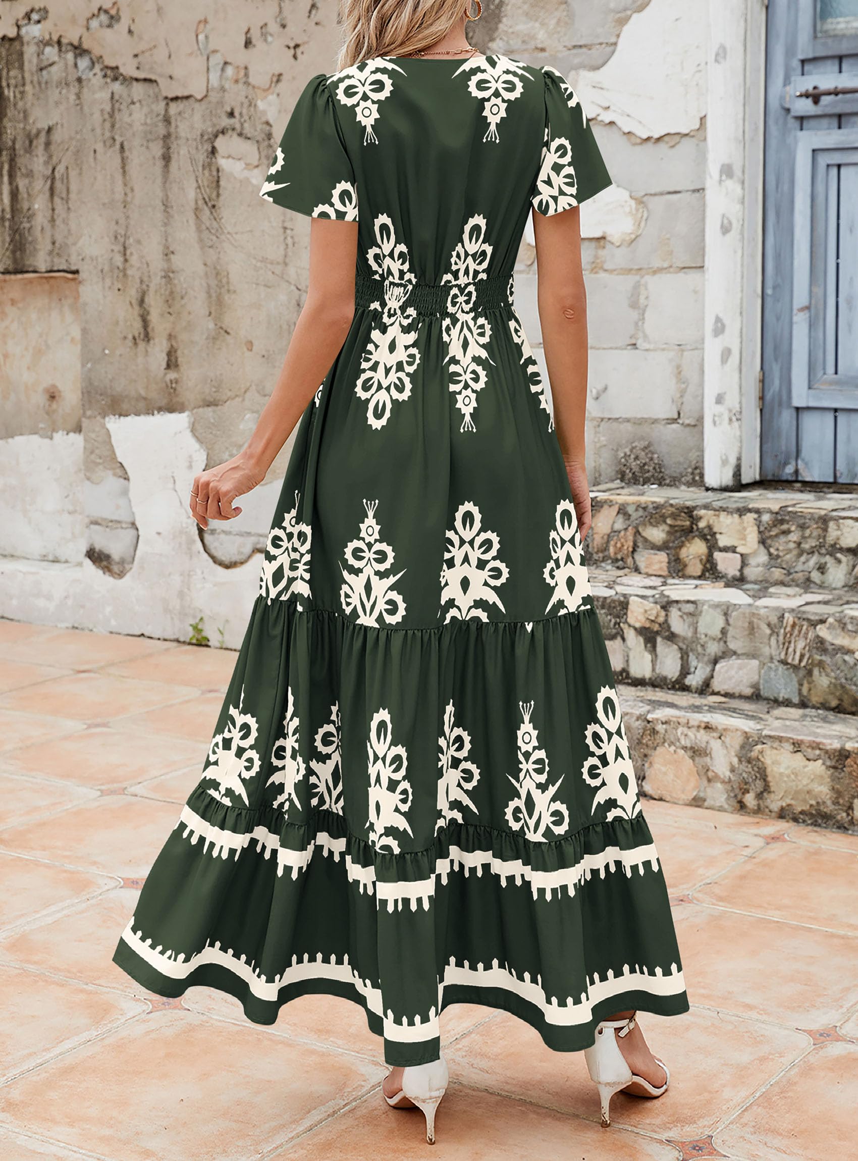 PRETTYGARDEN Womens Summer Casual V Neck Boho Maxi Dress Flowy Aline Bell Sleeve Tiered Floral Dresses with Pocket