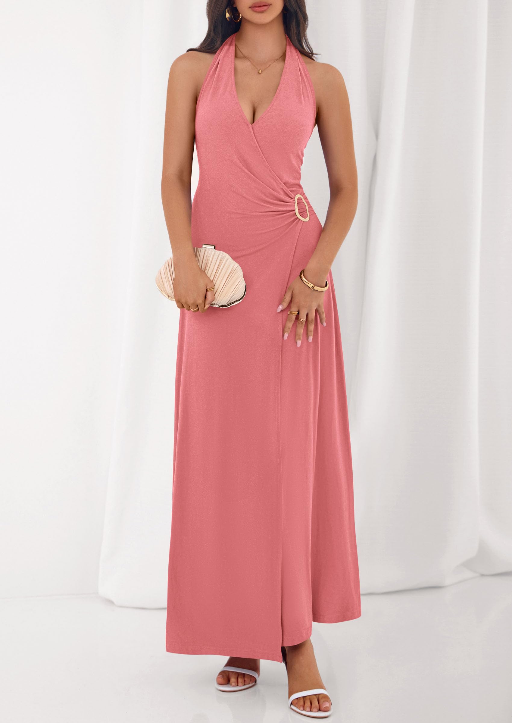 PRETTYGARDEN Holiday Cocktail Dresses for Women Summer Elegant V Neck Halter Backless Wedding Guest Party Midi Dress
