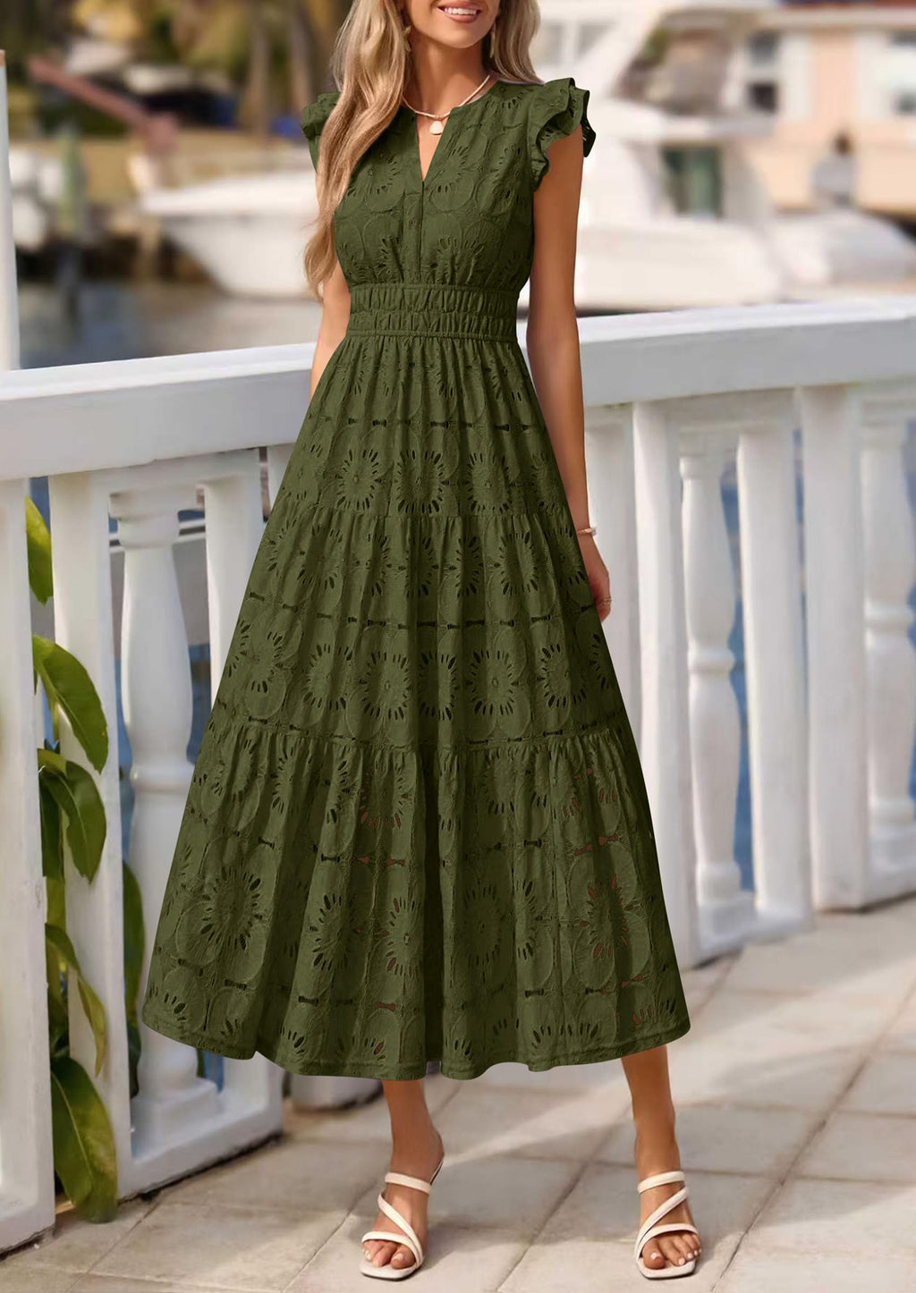 PRETTYGARDEN Womens Boho Maxi Dresses Summer Floral Lace Eyelet V Neck Spring Wedding Guest Dress Beach Vacation Clothes