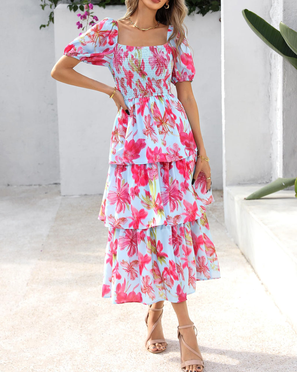 BTFBM Womens Square Neck Smocked Dress Summer Puff Short Sleeve Floral Casual Ruffle Tiered Maxi Wedding Guest Dresses