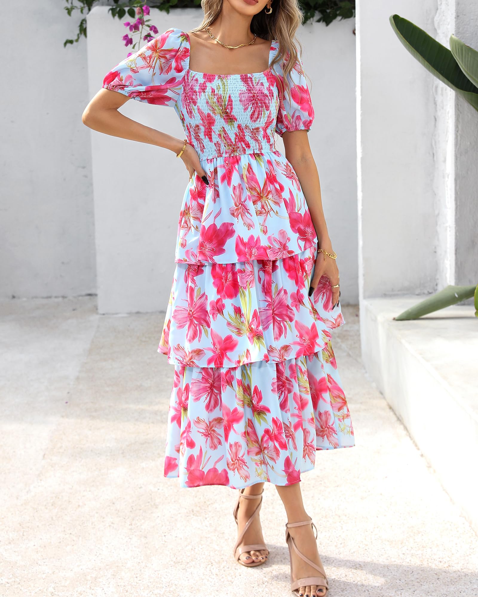 BTFBM Womens Square Neck Smocked Dress Summer Puff Short Sleeve Floral Casual Ruffle Tiered Maxi Wedding Guest Dresses