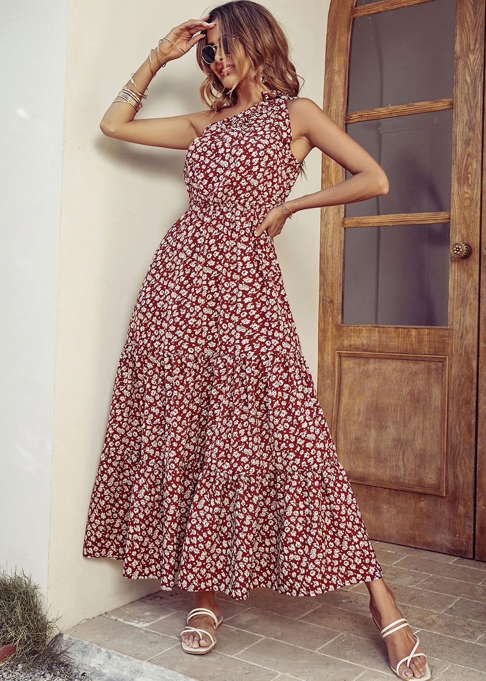 PRETTYGARDEN Women's Summer Floral One Shoulder Maxi Dress Knot Ruffle Boho Beach Vacation Wedding Guest Long Sun Dresses