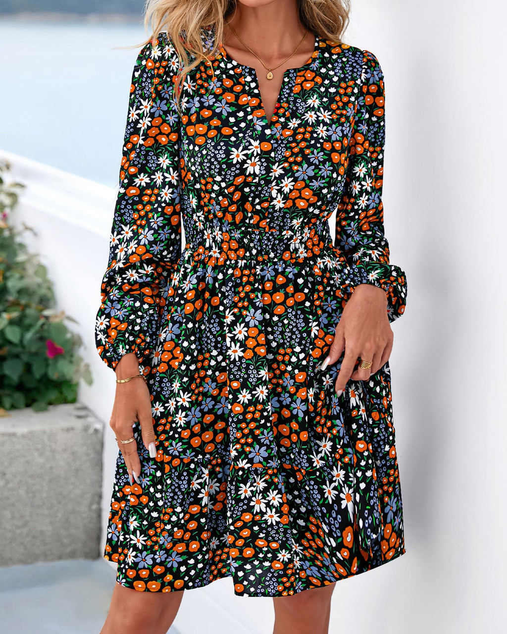 BTFBM Spring Dresses for Women Mini Long Sleeve Elastic Waist Summer Vacation Outfits Floral Wedding Guest Dress