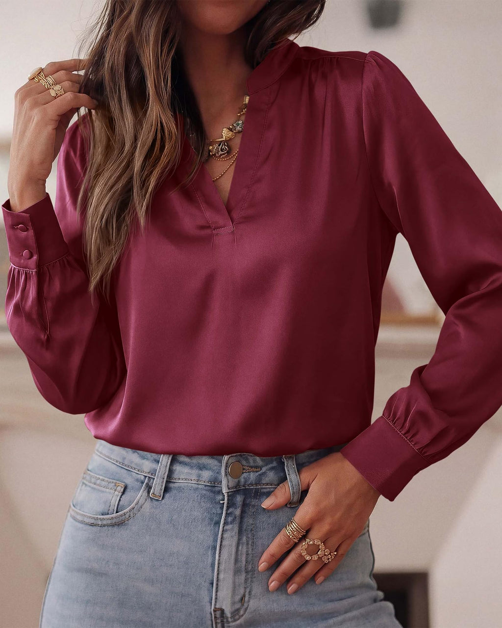 BTFBM Satin Blouses for Women Dressy Casual | Lightweight,V Neck,Long Sleeve Tops,Going Out Outfits,Fall Fashion Clothing