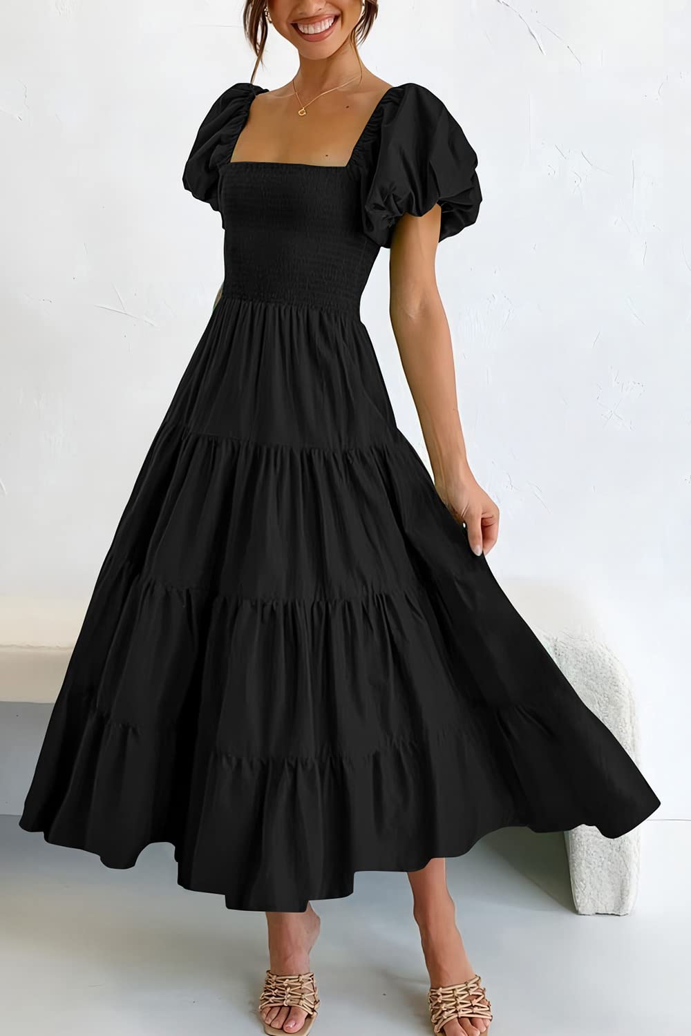 PRETTYGARDEN Women's Casual Summer Midi Dress Puffy Short Sleeve Square Neck Smocked Tiered Ruffle Dresses