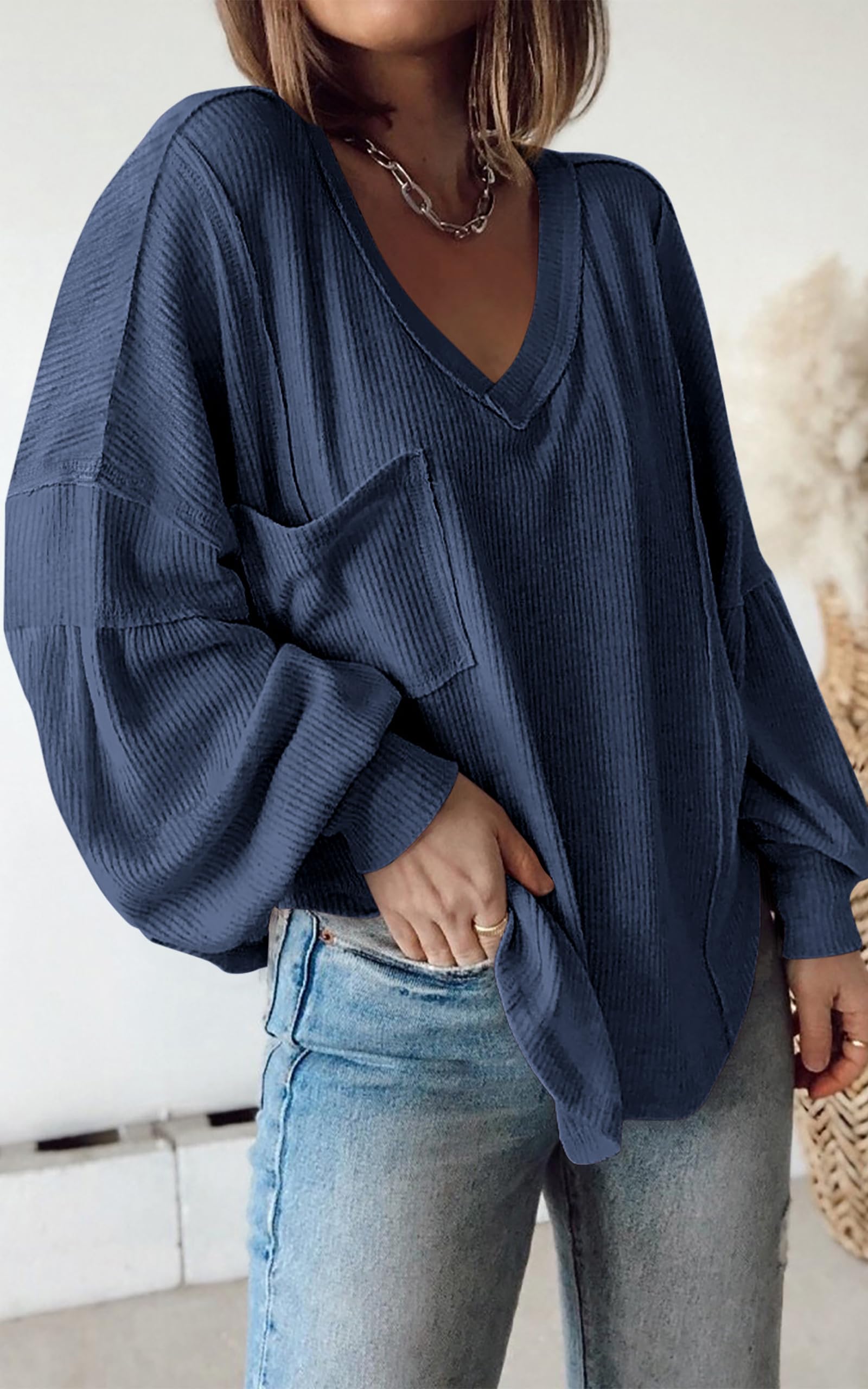 BTFBM Womens Fall Fashion Long Sleeve Shirts Casual V Neck Ribbed Knit Blouses Pullover Trendy Loose Fit Tunic Tops