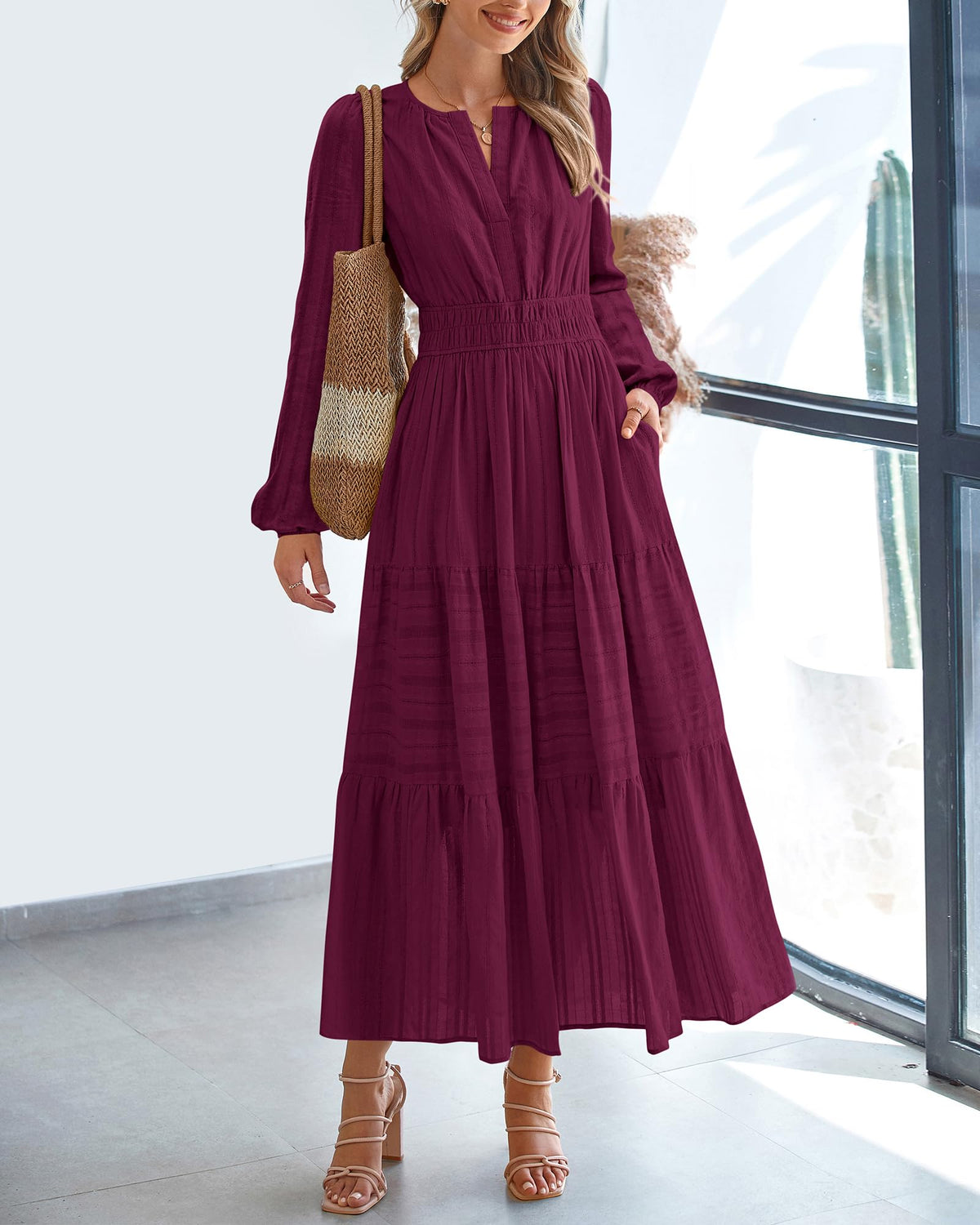 BTFBM Spring Dresses for Women 2026 Casual Long Sleeve V Neck Elastic Waist Lightweight Maxi Wedding Guest Dress Pockets