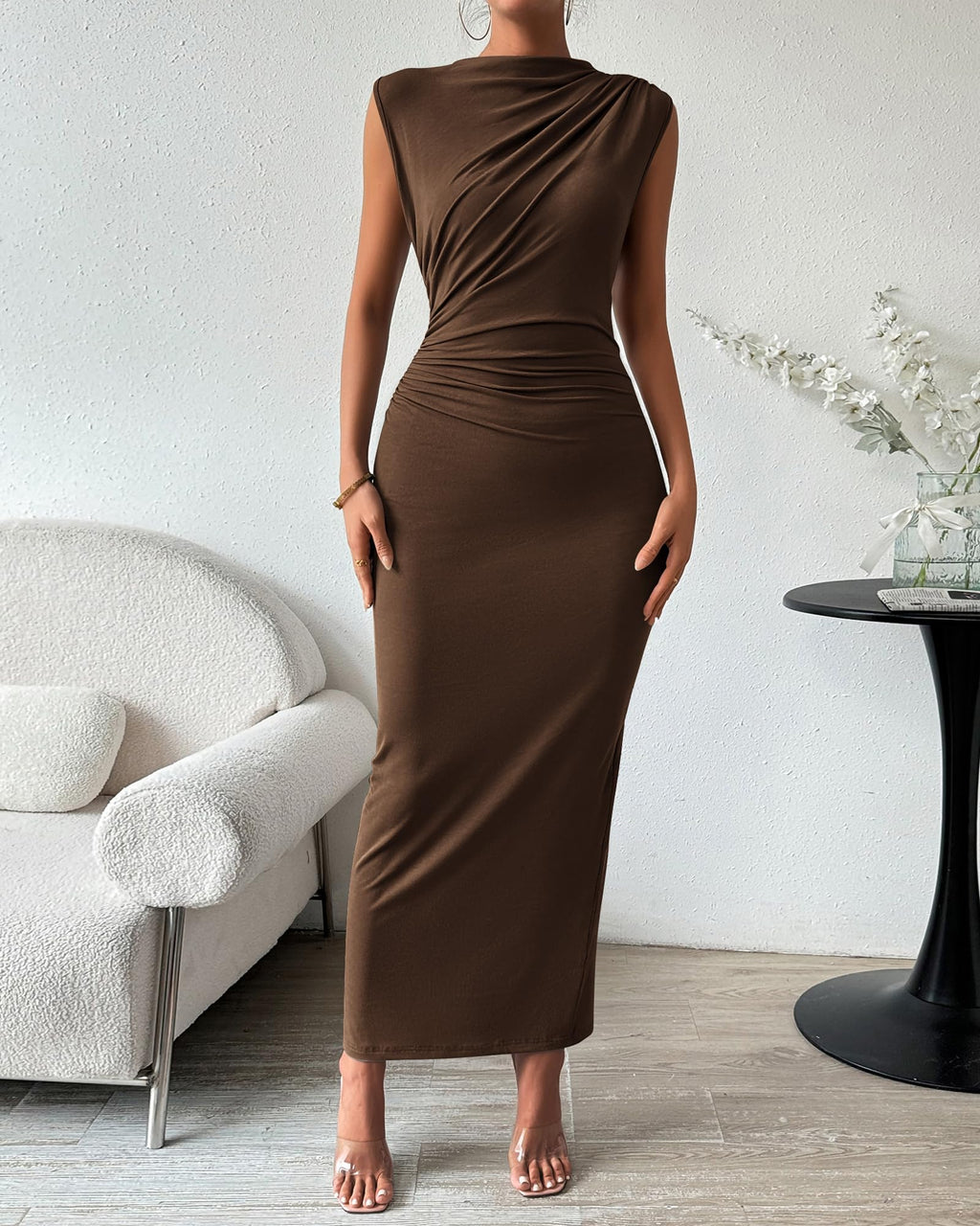 BTFBM Women's Ruched Bodycon Dress Summer Casual Sleeveless Lightweight Back Slit Elegant Club Party Cocktail Maxi Dresses
