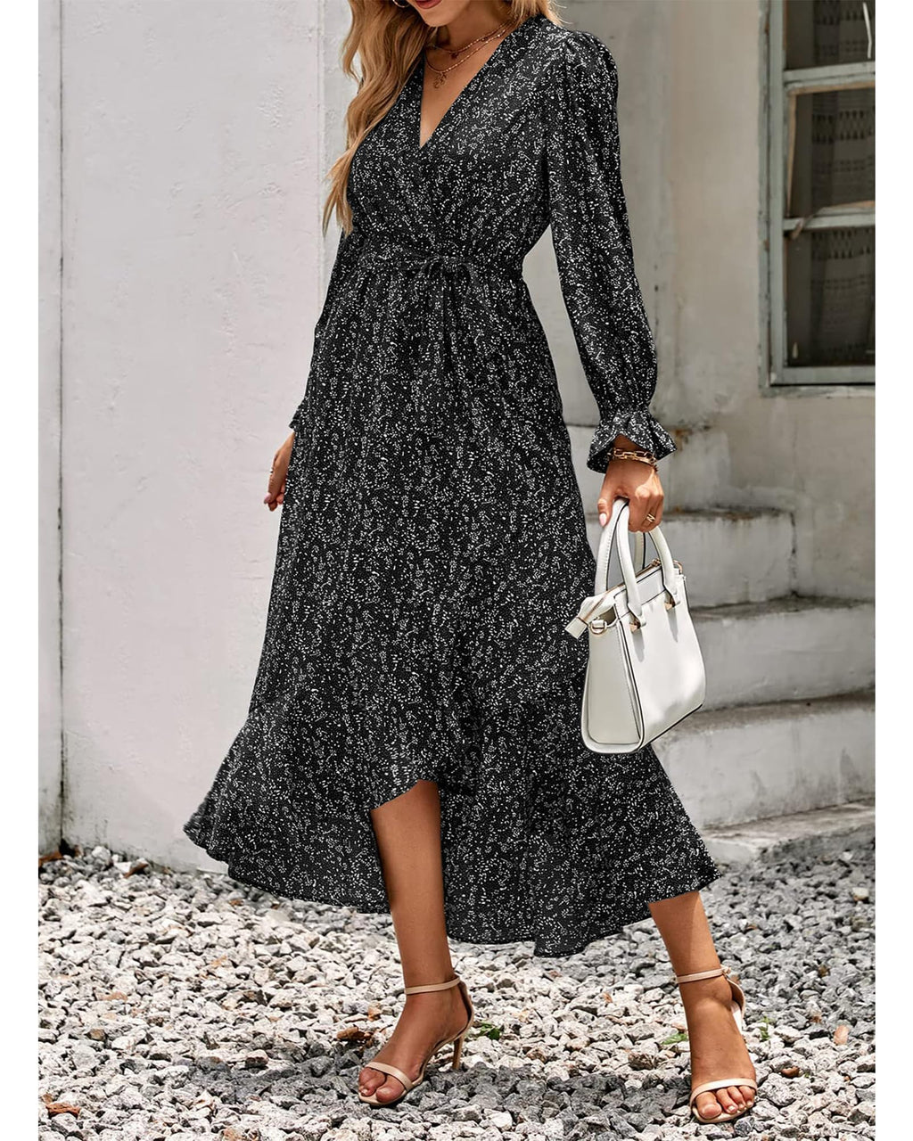 BTFBM Womens Dresses Summer V Neck Floral High Waist Ruffle Wedding Guest Cocktail Boho Spring Long Sleeve Dress