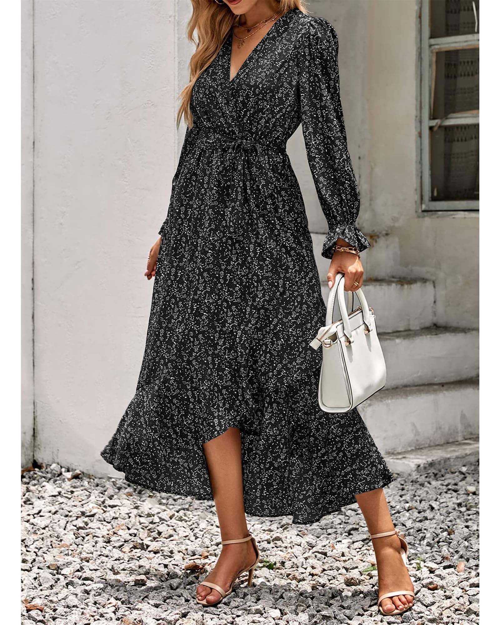 BTFBM Womens Dresses Summer V Neck Floral High Waist Ruffle Wedding Guest Cocktail Boho Spring Long Sleeve Dress