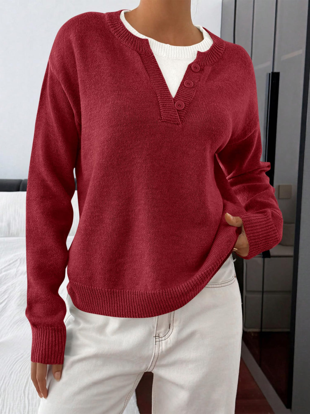 BTFBM Women Long Sleeve Crew Neck Sweaters Tops, 2 in1 Knitted Pullover, Deco Buttons, Oversized, Stretchy, Vacation, Business Casual Outfits, Fall Winter Trendy