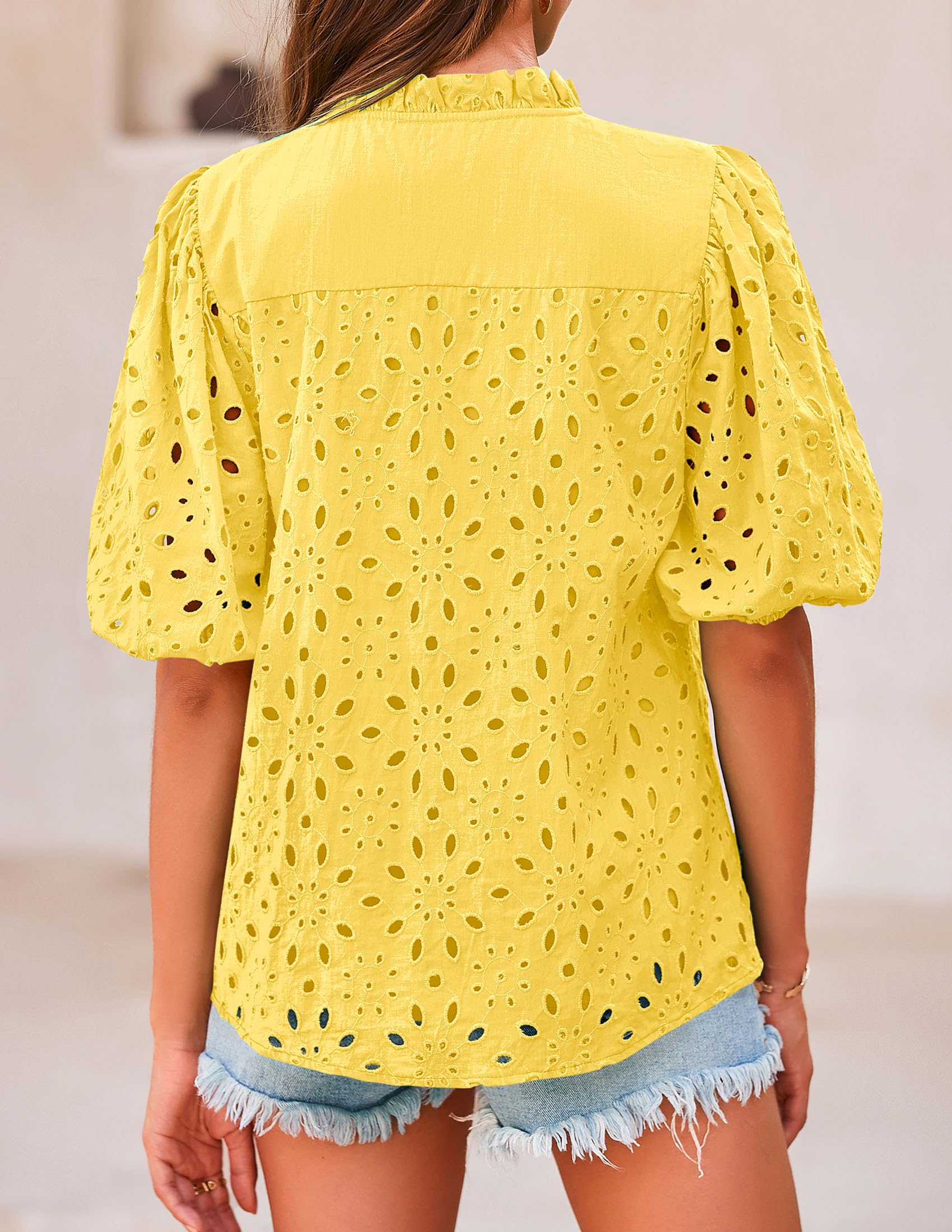 PRETTYGARDEN Women's Summer Tops Dressy Casual Short Sleeve V Neck Buttons Hollow Out Lace Embroidered Blouses Shirts