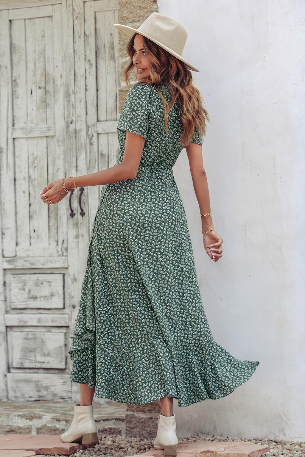 PRETTYGARDEN Women's Summer Maxi Dress Casual Wrap Floral Boho Short Sleeve V Neck Split Ruffle Beach Long Dresses