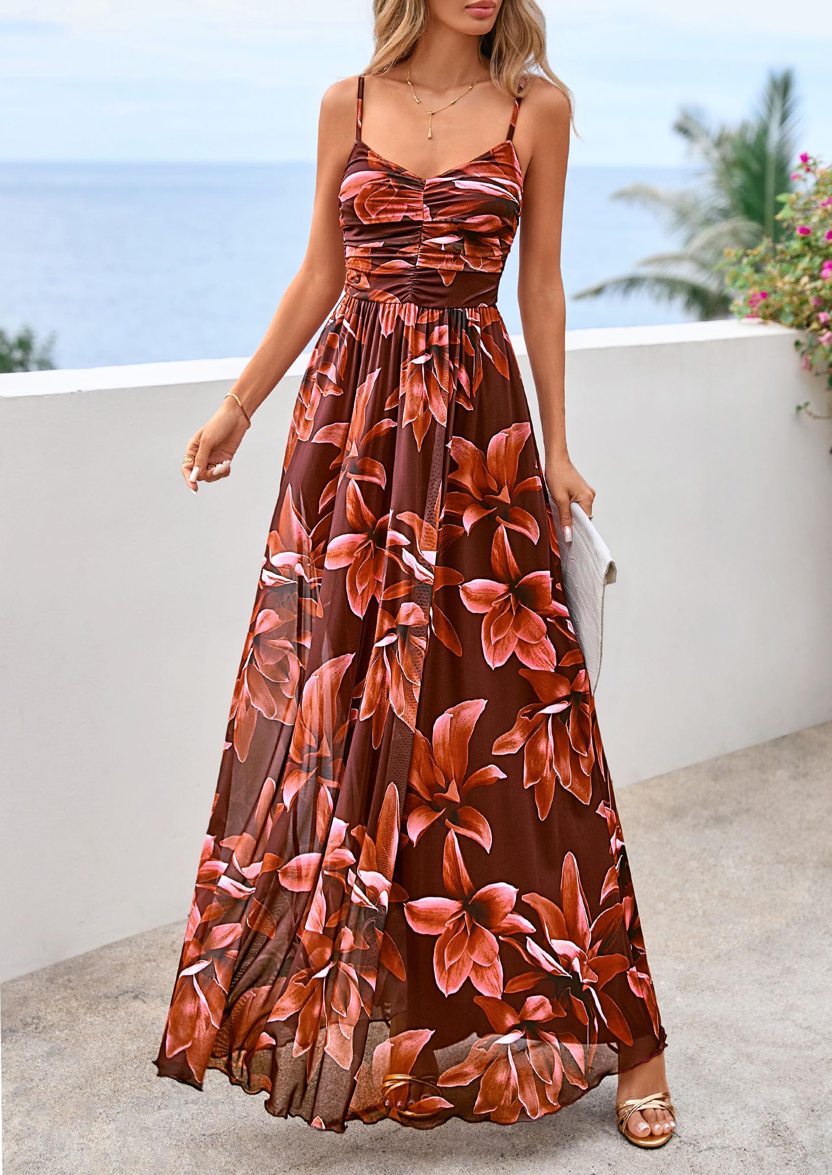 PRETTYGARDEN Women Summer Floral Maxi Dress Spirng Spaghetti Strap Mesh Boho Sundress Party Beach Vacation Long Dresses