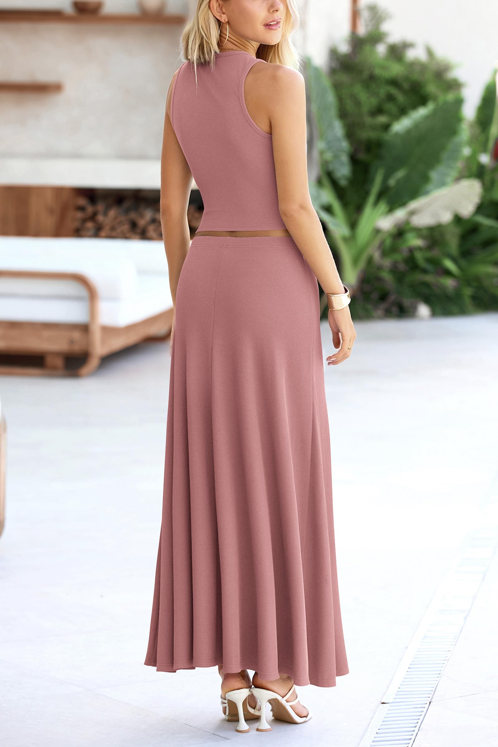 PRETTYGARDEN Women's 2 Piece Maxi Skirt Sets Casual Summer Knit Cropped Tank Top High Waisted Long Skirts Outfit
