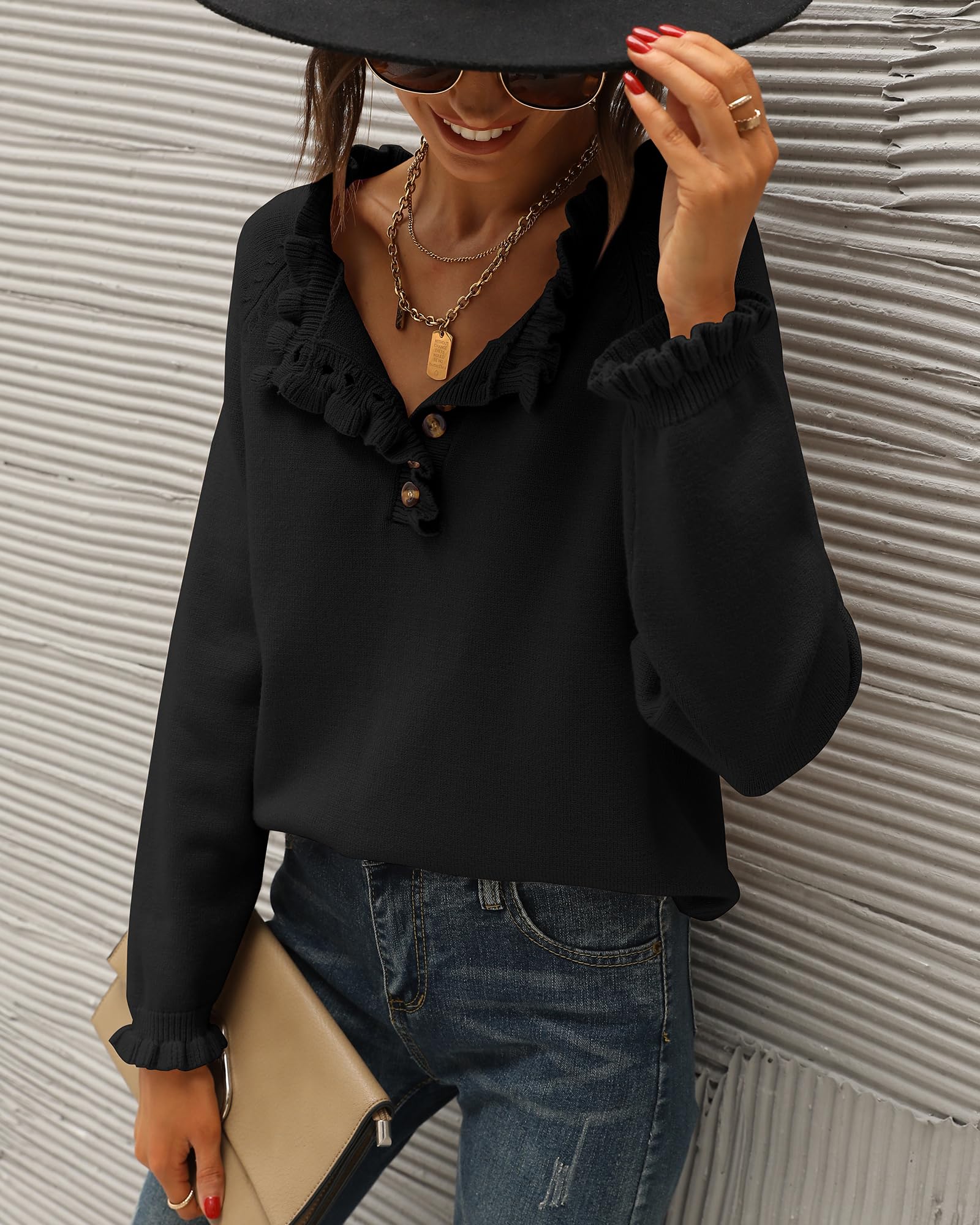 FreshPretty Womens Sweaters Fall Winter Clothes Long Sleeve Button Down Ruffle Crew Neck Casual Knitted Pullover Tops
