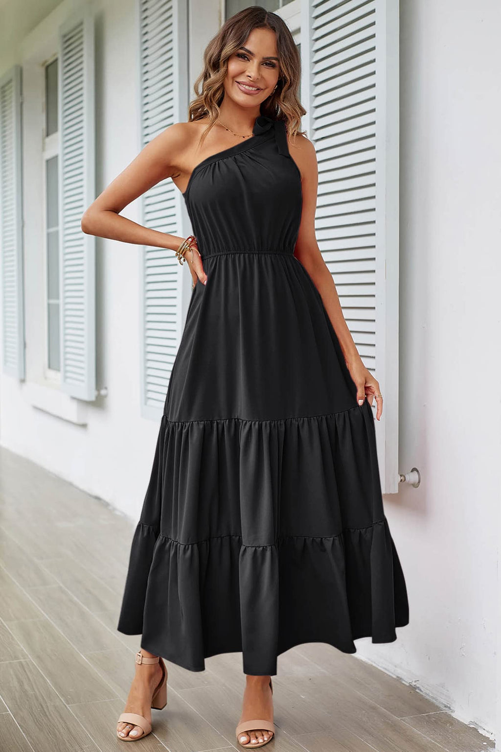 PRETTYGARDEN Women's Summer Floral One Shoulder Maxi Dress Knot Ruffle Boho Beach Vacation Wedding Guest Long Sun Dresses