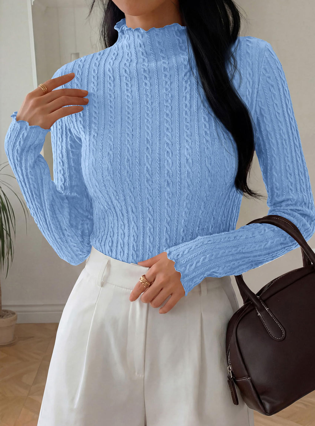 PRETTYGARDEN Women's Fall Long Sleeve Fitted Shirts | Comfy Stretchy Cable Knit, Trendy Lettuce Trim Mock Neck, Casual Basic Tees, Cute Layering Tops, 2026 Fashion Clothing