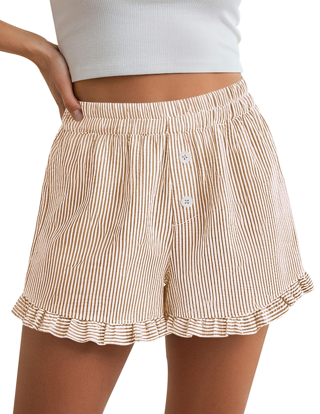 PRETTYGARDEN Womens Boxer Shorts Y2K Ruffle Pajama Summer Spring Lounge Sleep Striped Casual Beach Pj Bottoms Pockets