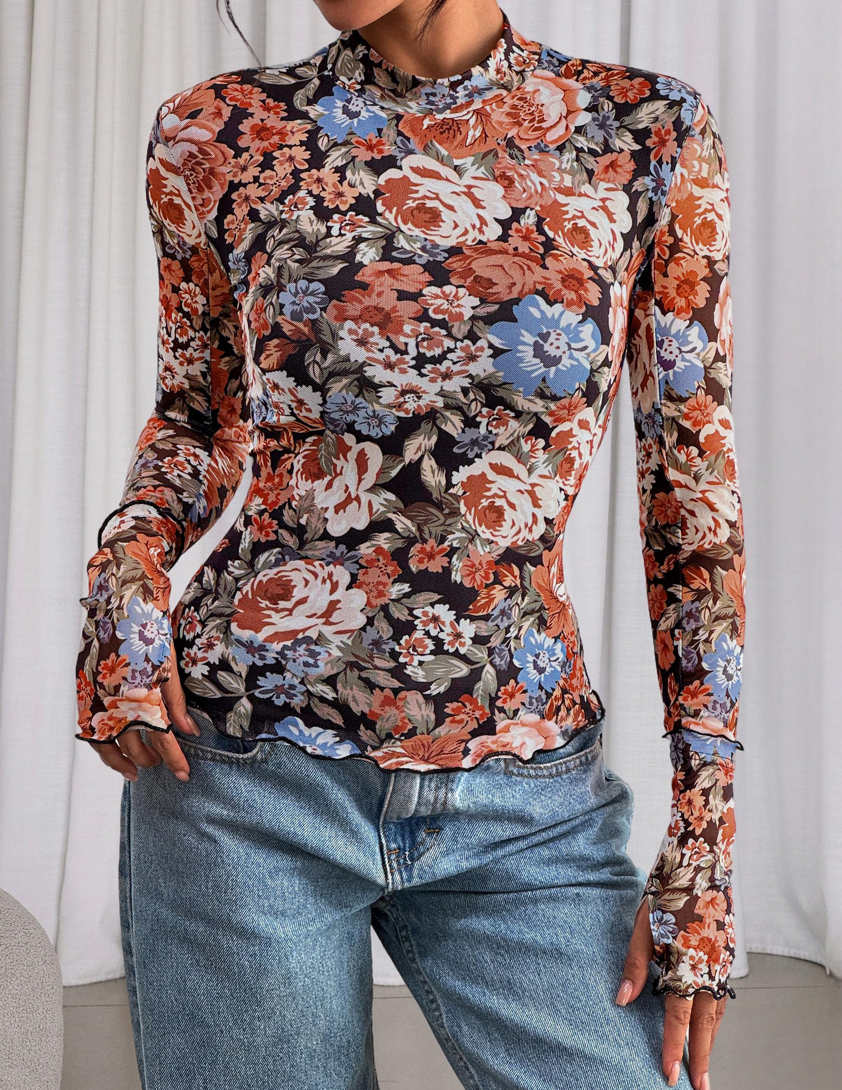 PRETTYGARDEN Womens Fall Mesh Floral Blouses Long Sleeve Going Out Tops Slim Fitted Shirts Date Night Outfits