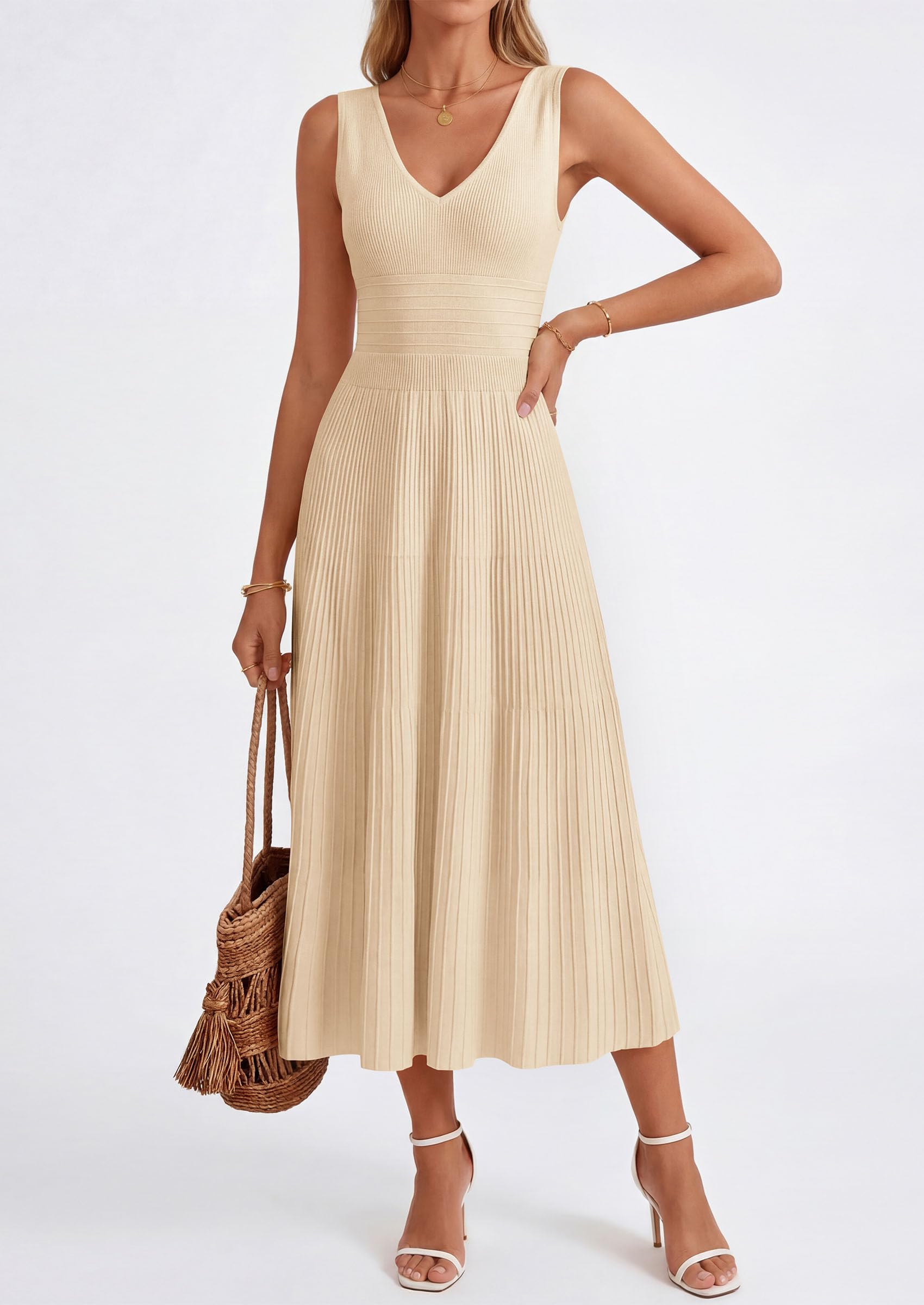 PRETTYGARDEN Women's Summer Casual Dresses Spring Sleeveless V Neck Knit Midi Business Work A Line Cocktail Dress