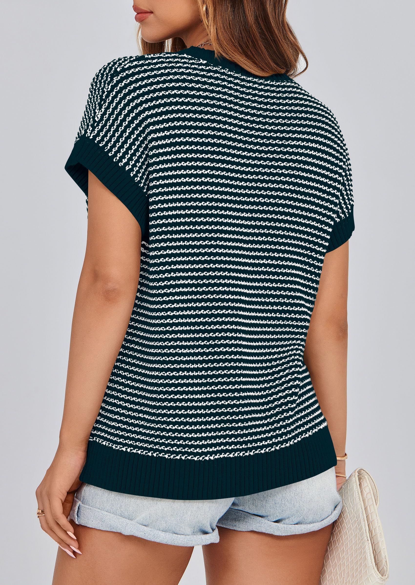 PRETTYGARDEN Womens Short Sleeve Sweater Spring Summer Round Neck Striped Pullover Cap Sleeve Knit Sweater Vest Tops