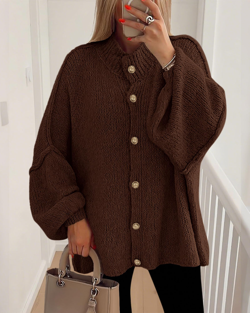 BTFBM Cardigan Sweaters for Women Fall Clothes Lantern Long Sleeve Button Open Front Chunky Knit Oversized Sweater
