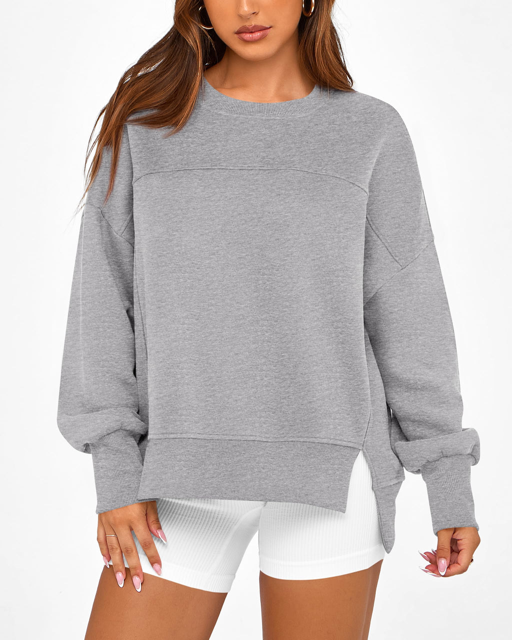 BTFBM Women's Casual Crewneck Sweatshirts Spring Long Sleeve Side Slit Workout Fleece Pullover Top Fashion Clothing