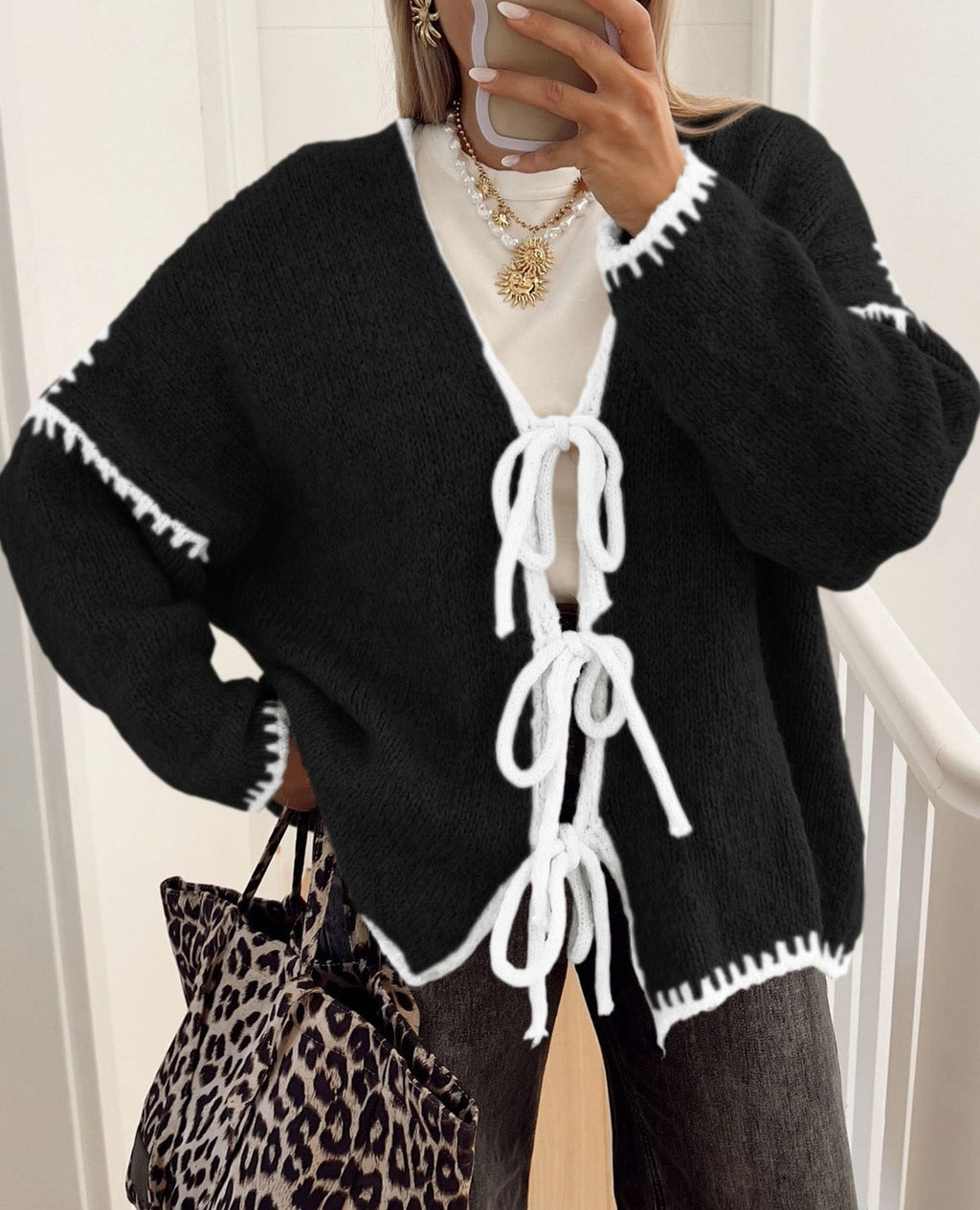 PRETTYGARDEN Women's Tie Front Bow Cardigan Sweaters Chunky Knit Long Puff Sleeve Trendy Fall Winter Jacket Coat