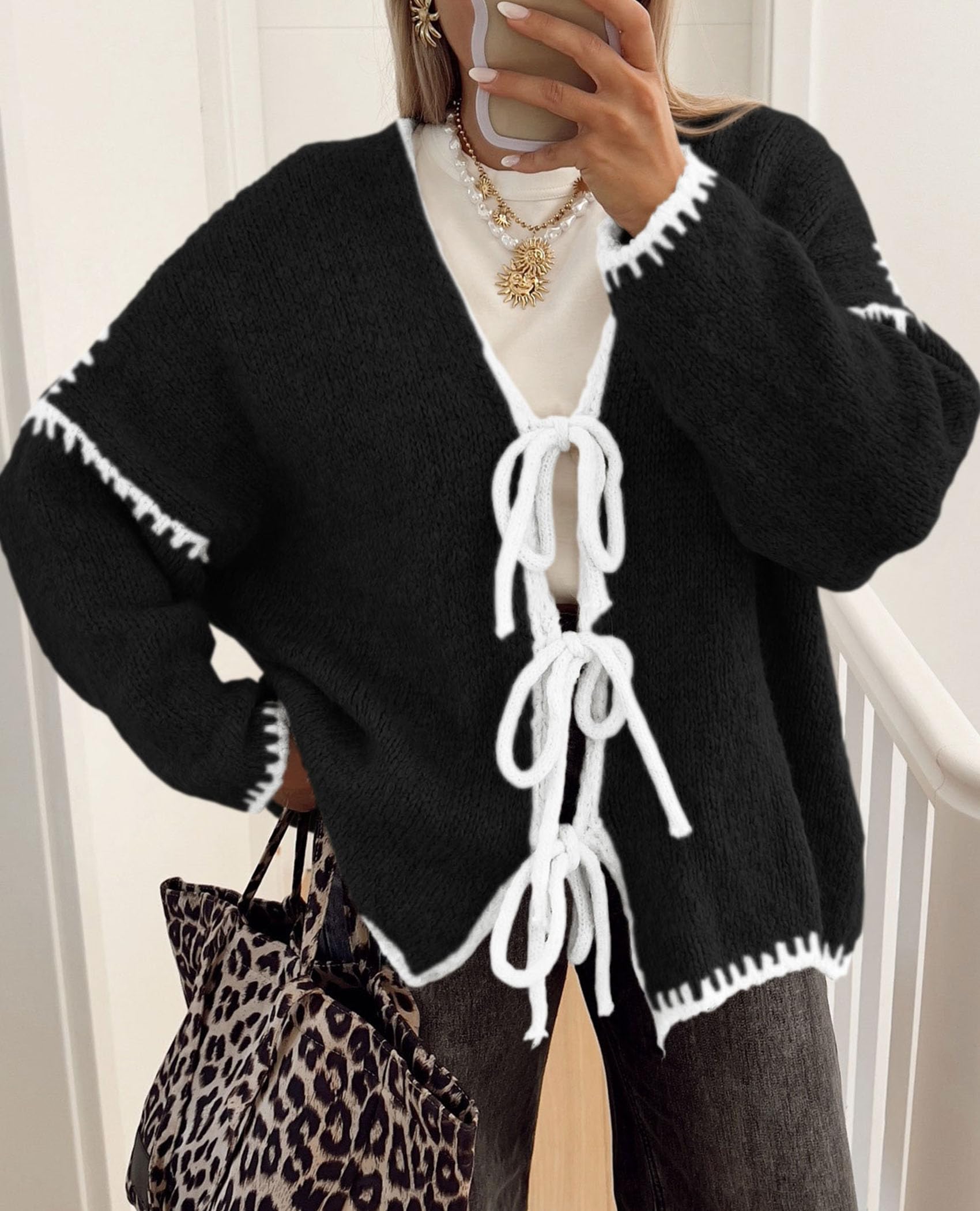 PRETTYGARDEN Women's Tie Front Bow Cardigan Sweaters Chunky Knit Long Puff Sleeve Trendy Fall Winter Jacket Coat