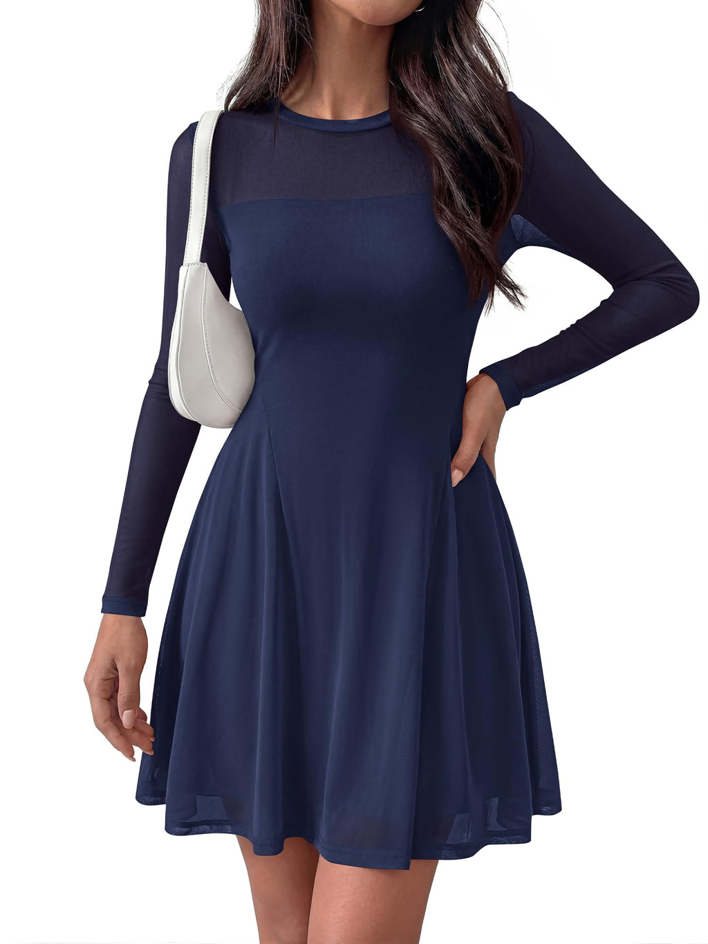 BTFBM Women’s Mini Dress Sheer Mesh Long Sleeve Crew Neck Flowy A Line Casual Cocktail Party Going Out Dresses Fall