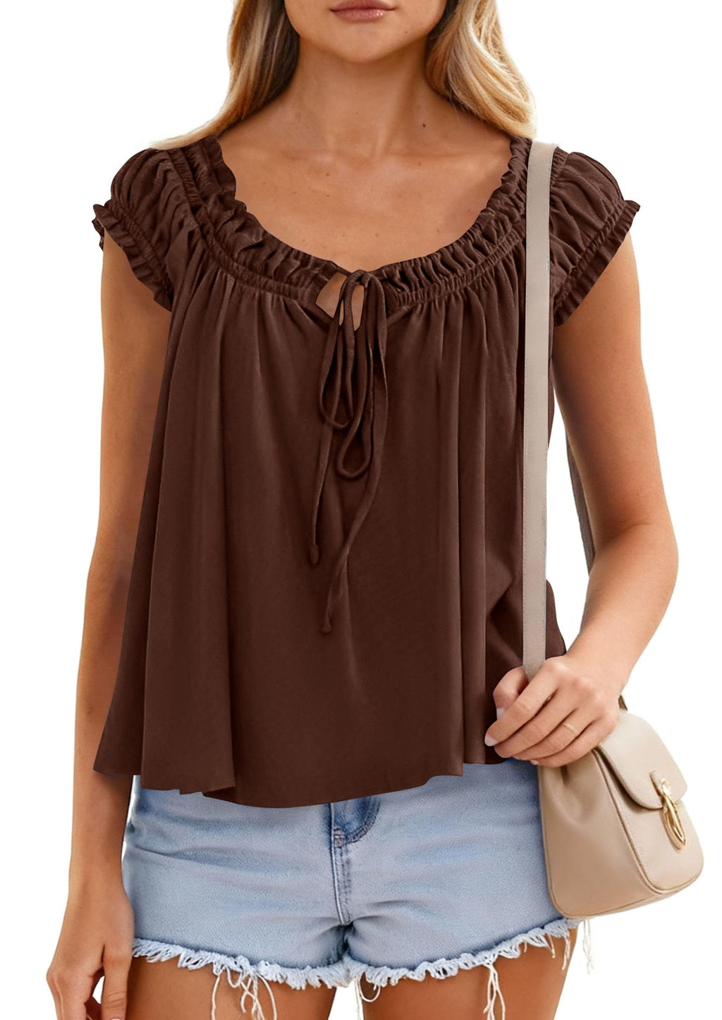 PRETTYGARDEN Women Babydoll Tops Summer Clothes Cap Sleeve Tie Front Flowy Tank Top Peplum Blouses Cute Going Out Shirts