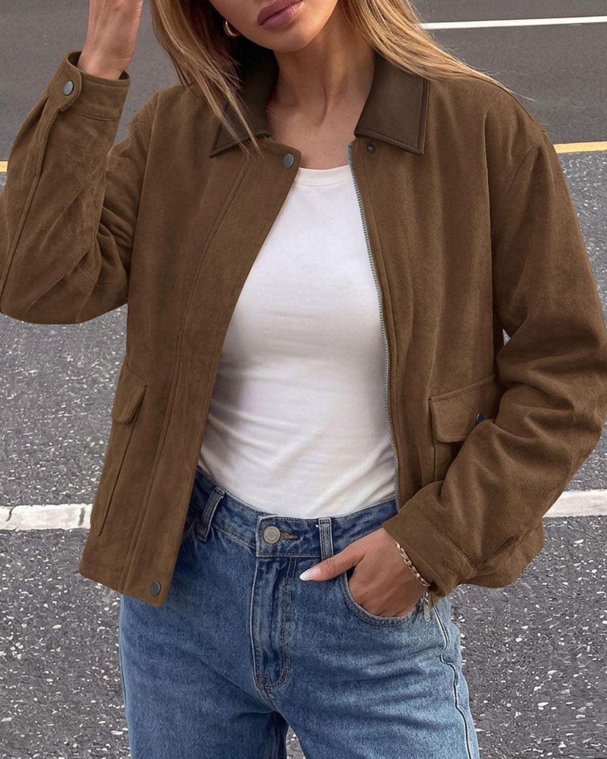 BTFBM Faux Suede Jacket Women Leather Lapel Zip Up Fall Outfits Button Down Long Sleeve Outerwear With Flap Pockets, Early Winter Coats, Motorcycle Jackets, Western Country Concert Outfits