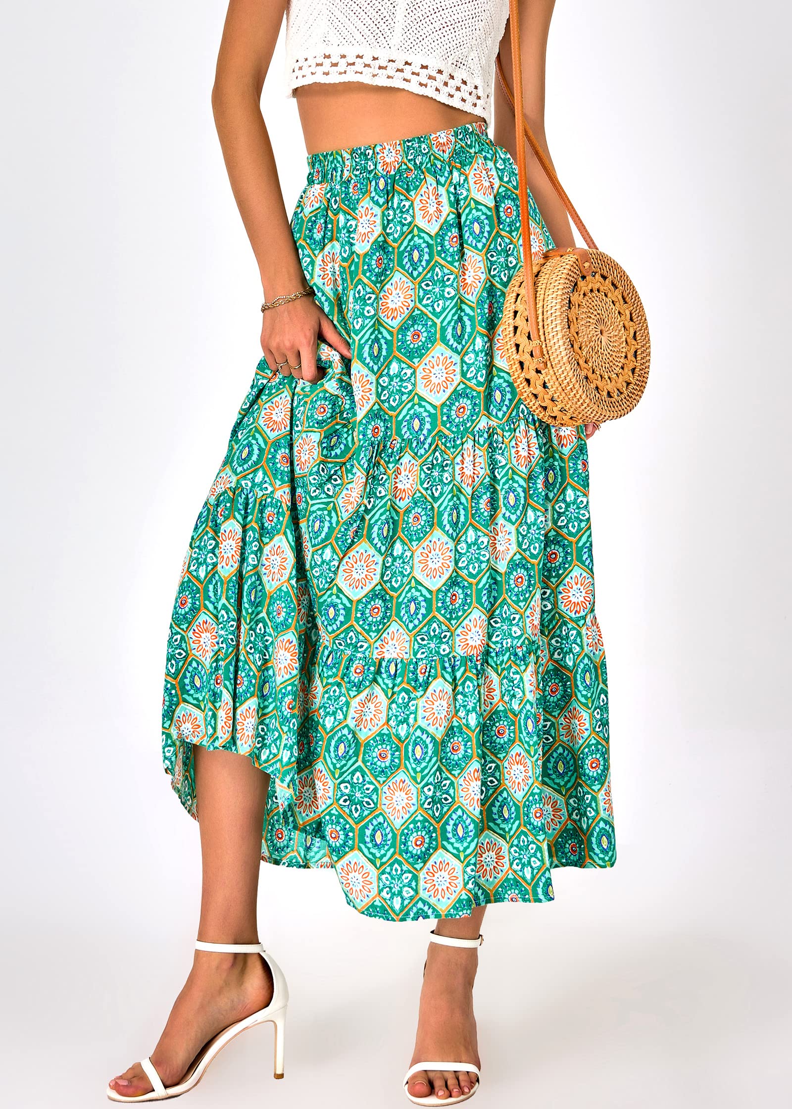 FreshPretty Women Summer Fall Boho Long Skirts Dress Floral Print Elastic Waist Split Ruffle High Low Beach Maxi Skirt